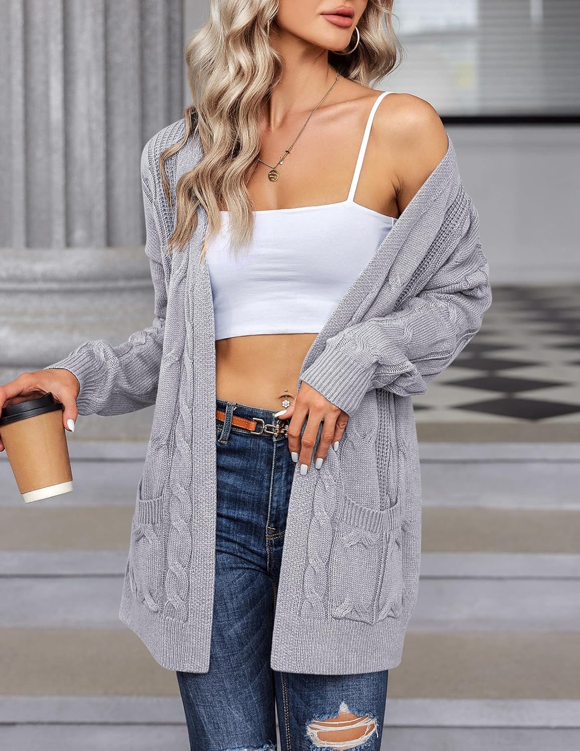 Zeagoo Women's Oversized Cardigan Cable Knit V Neck Sweater-tidenox