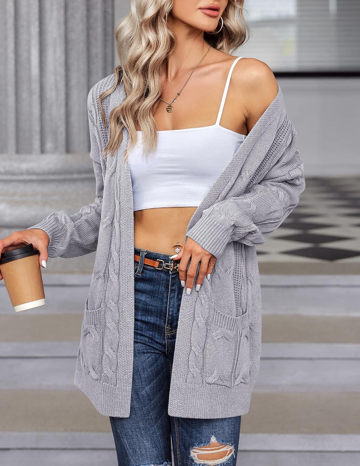 Zeagoo Women's Oversized Cardigan Cable Knit V Neck Sweater-tidenox