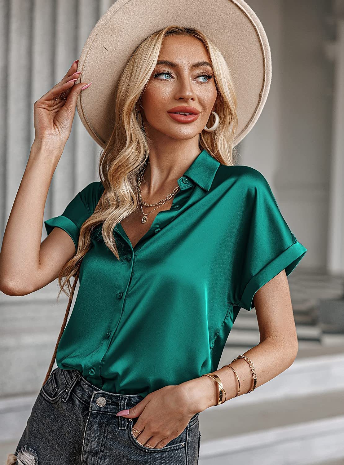 Silk Blouse for Women Short Sleeve Satin Button Down Shirts Casual Loose V-Neck Business Work Tunic Top - Zeagoo (Us Only)-tidenox