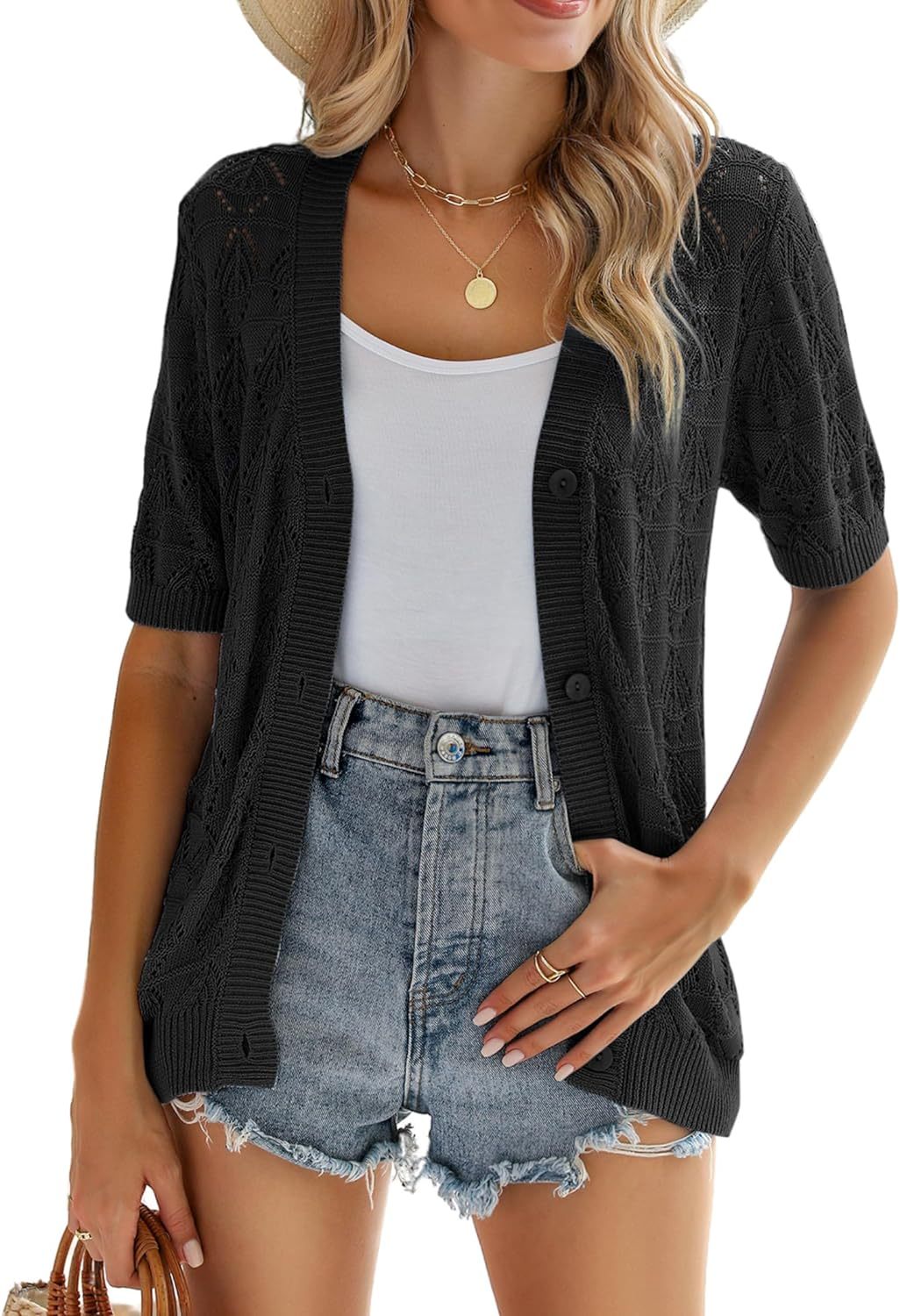Zeagoo Short Sleeve Crochet Cardigan-tidenox
