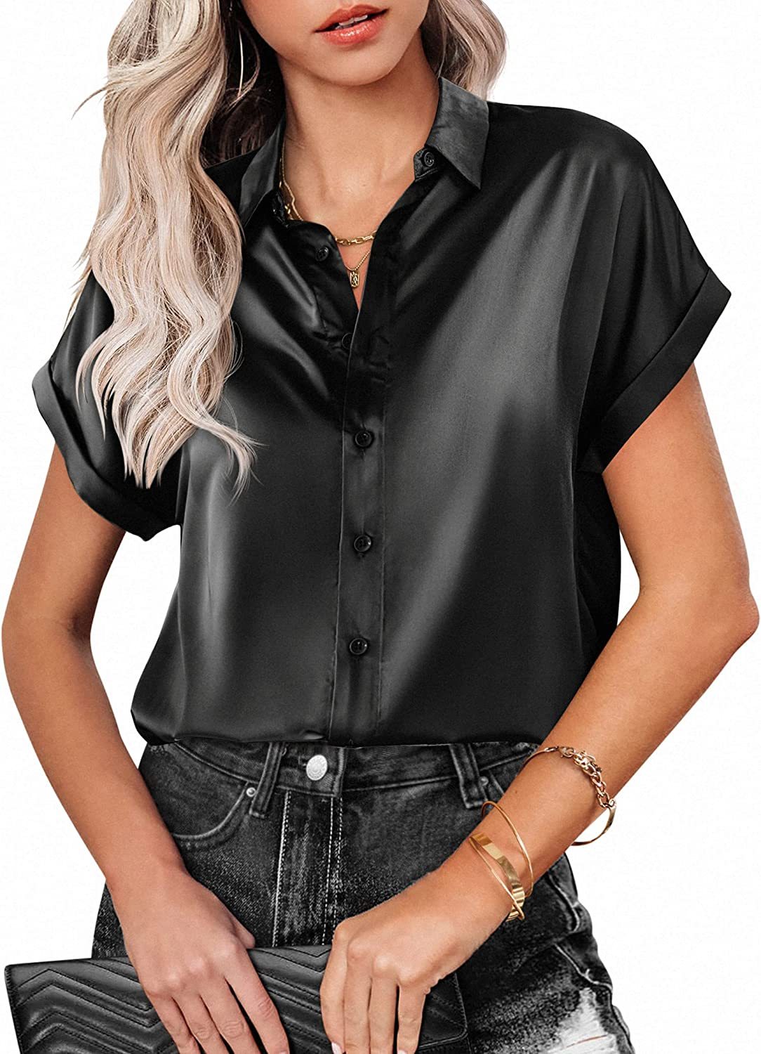 Silk Blouse for Women Short Sleeve Satin Button Down Shirts Casual Loose V-Neck Business Work Tunic Top - Zeagoo (Us Only)-tidenox