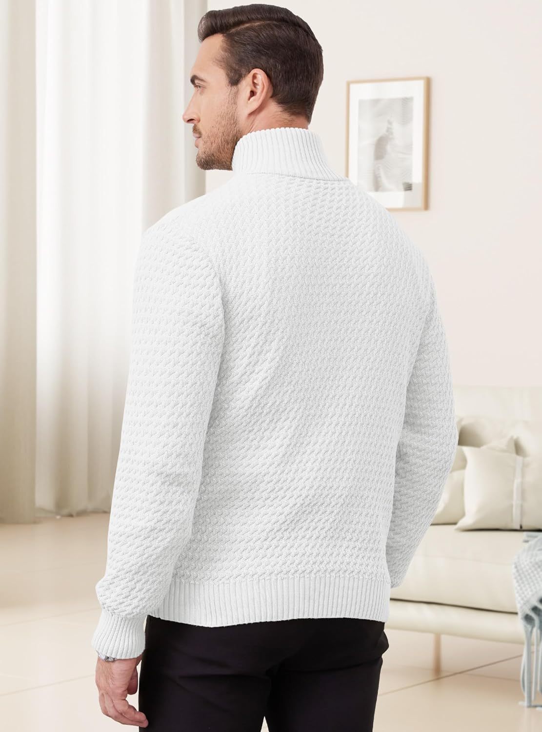 Men's Quarter Zip Sweater Mock Neck Pullover Ribbed Knit Casual Polo Sweaters-tidenox