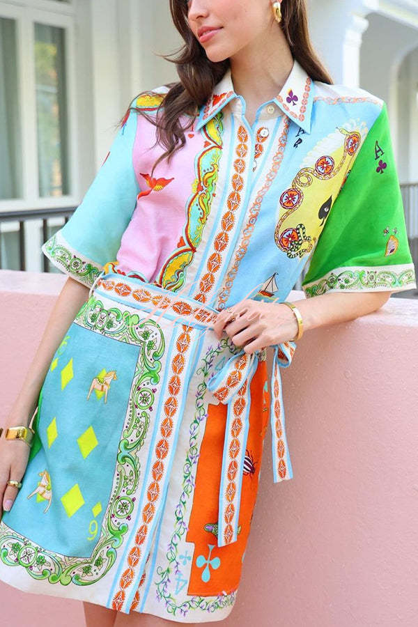 Linen Blend Unique Printed Short Sleeved Pocket Tie Waist Mini Dress(One Size Up)-tidenox