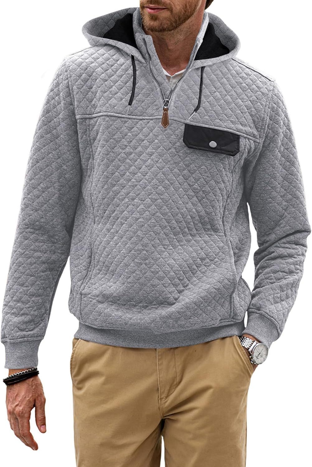 Men's Quilted Hoodies Casual Long Sleeve Quarter-Zip Pullover Sweatshirt with Pockets-tidenox