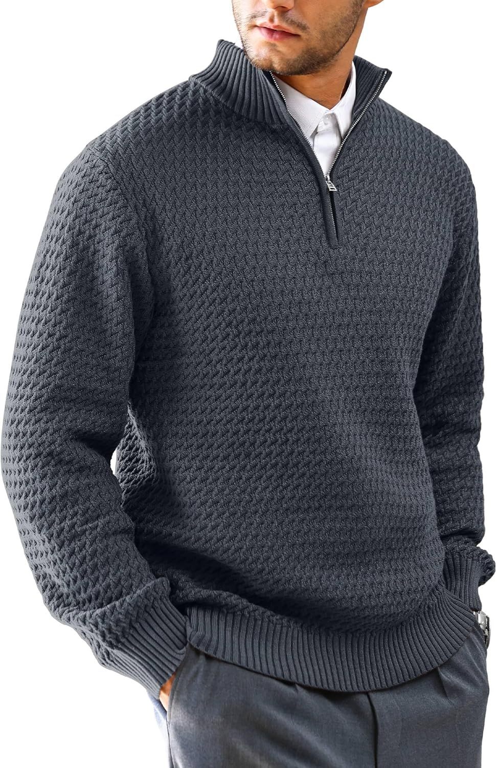 Men's Quarter Zip Sweater Mock Neck Pullover Ribbed Knit Casual Polo Sweaters-tidenox