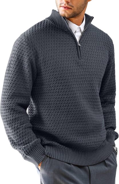 Men's Quarter Zip Sweater Mock Neck Pullover Ribbed Knit Casual Polo Sweaters-tidenox
