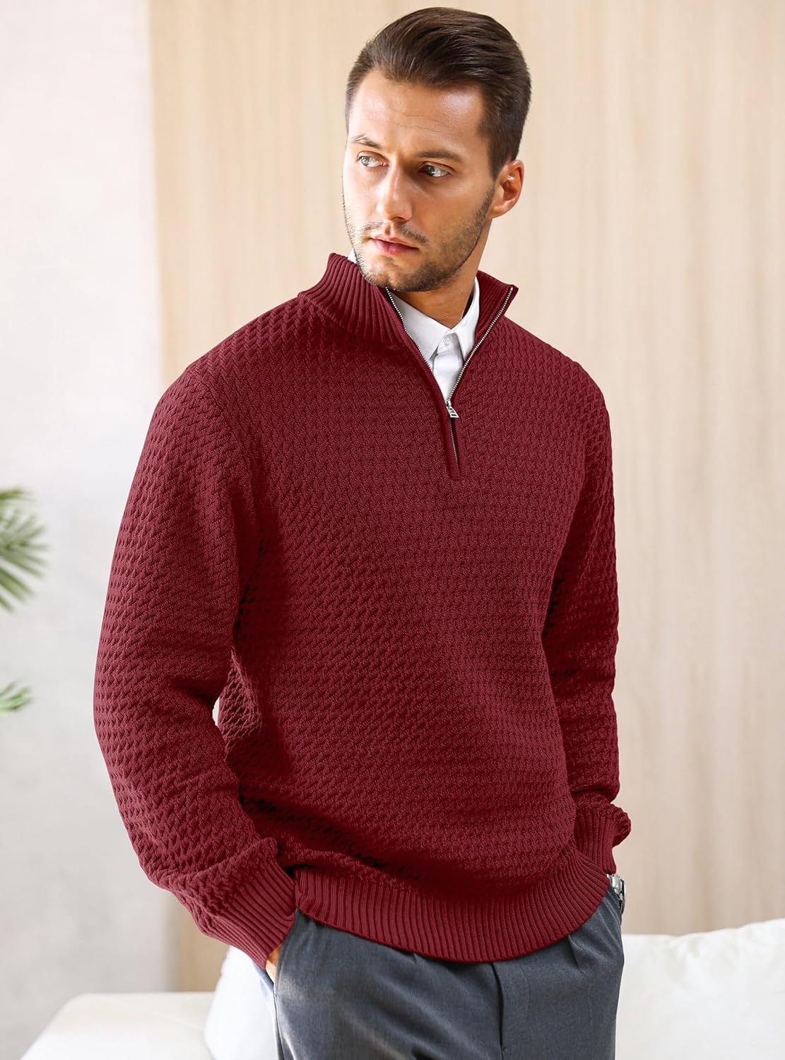 Men's Quarter Zip Sweater Mock Neck Pullover Ribbed Knit Casual Polo Sweaters-tidenox