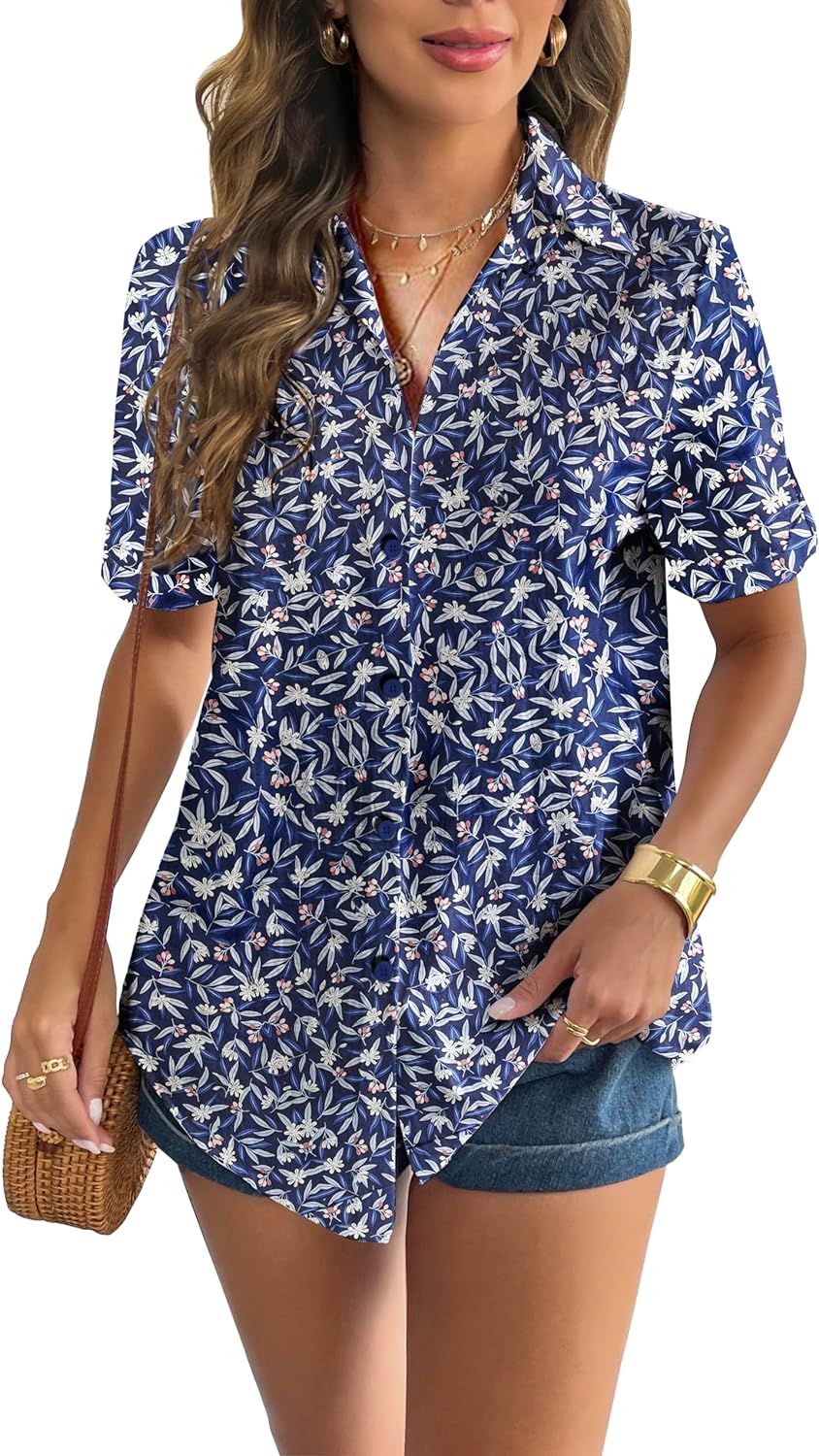 Zeagoo Women Linen Button Down Shirt Rolled Cuffed Short Sleeve Blouse Ladies Summer Casual V Neck Beach Cotton Tops-tidenox