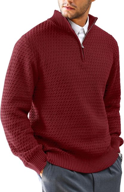 Men's Quarter Zip Sweater Mock Neck Pullover Ribbed Knit Casual Polo Sweaters-tidenox