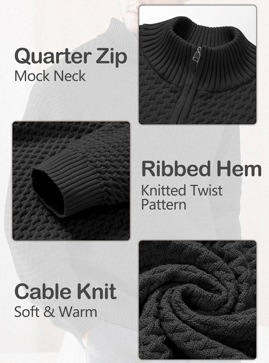 Men's Quarter Zip Sweater Mock Neck Pullover Ribbed Knit Casual Polo Sweaters-tidenox