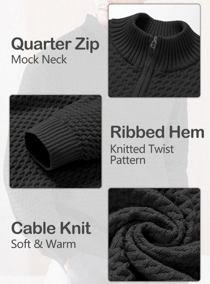 Men's Quarter Zip Sweater Mock Neck Pullover Ribbed Knit Casual Polo Sweaters-tidenox