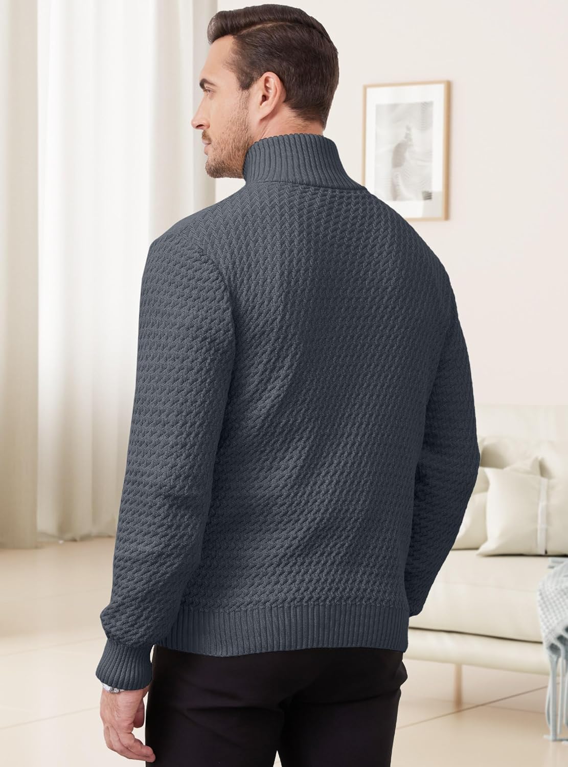 Men's Quarter Zip Sweater Mock Neck Pullover Ribbed Knit Casual Polo Sweaters-tidenox