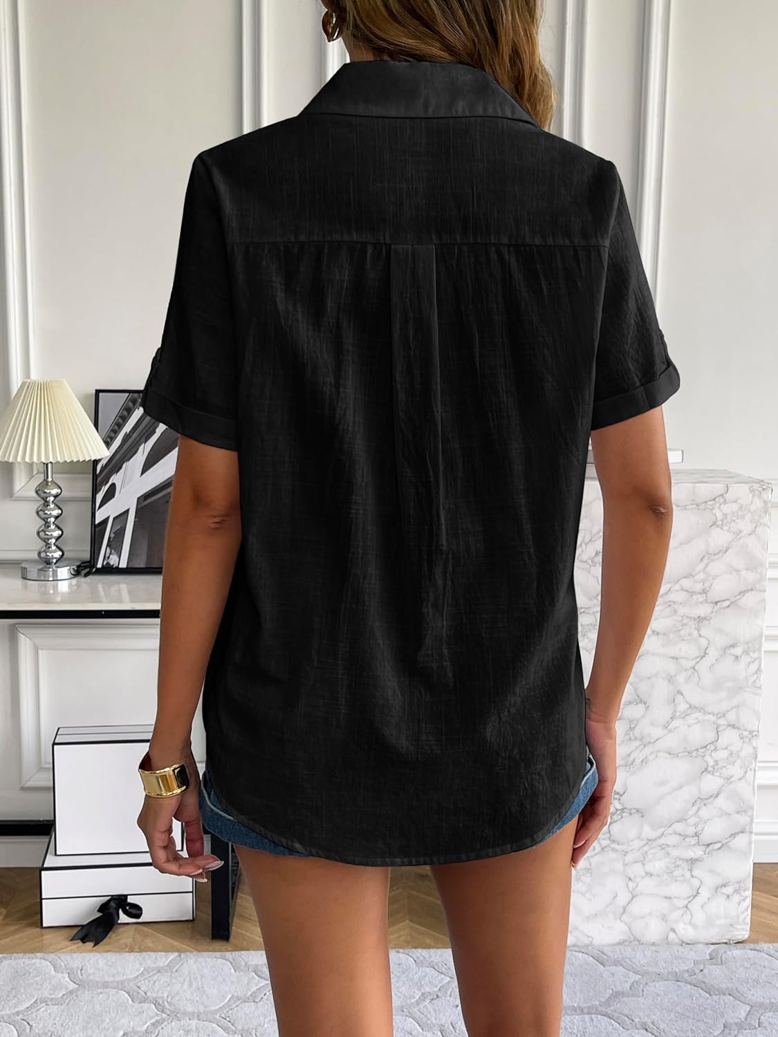 Zeagoo Women Linen Button Down Shirt Rolled Cuffed Short Sleeve Blouse Ladies Summer Casual V Neck Beach Cotton Tops-tidenox