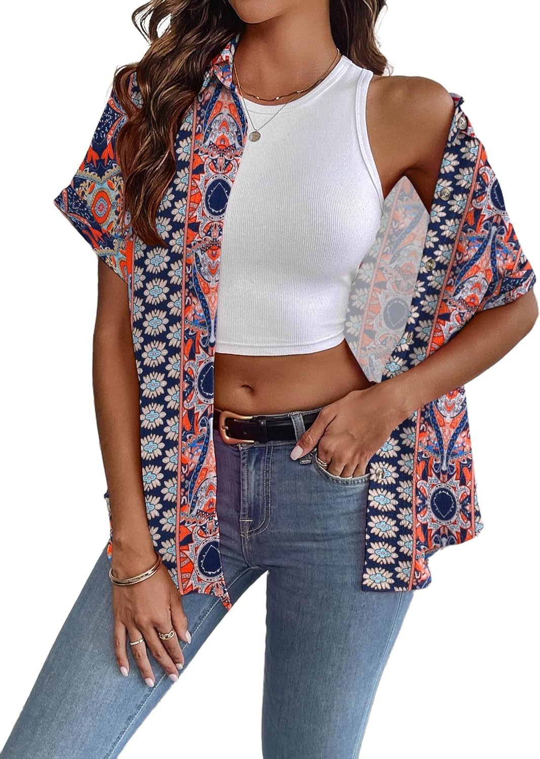 Zeagoo Short Sleeve Casual Roll-Up Cuffed Tops-tidenox