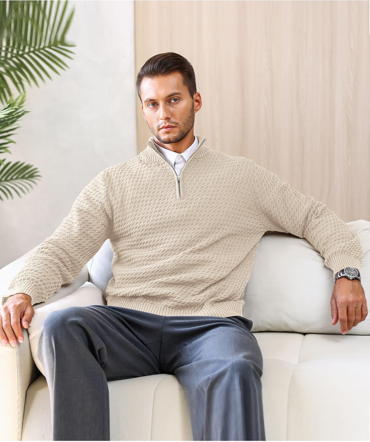 Men's Quarter Zip Sweater Mock Neck Pullover Ribbed Knit Casual Polo Sweaters-tidenox