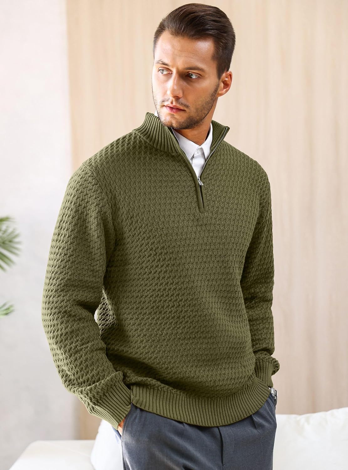 Men's Quarter Zip Sweater Mock Neck Pullover Ribbed Knit Casual Polo Sweaters-tidenox