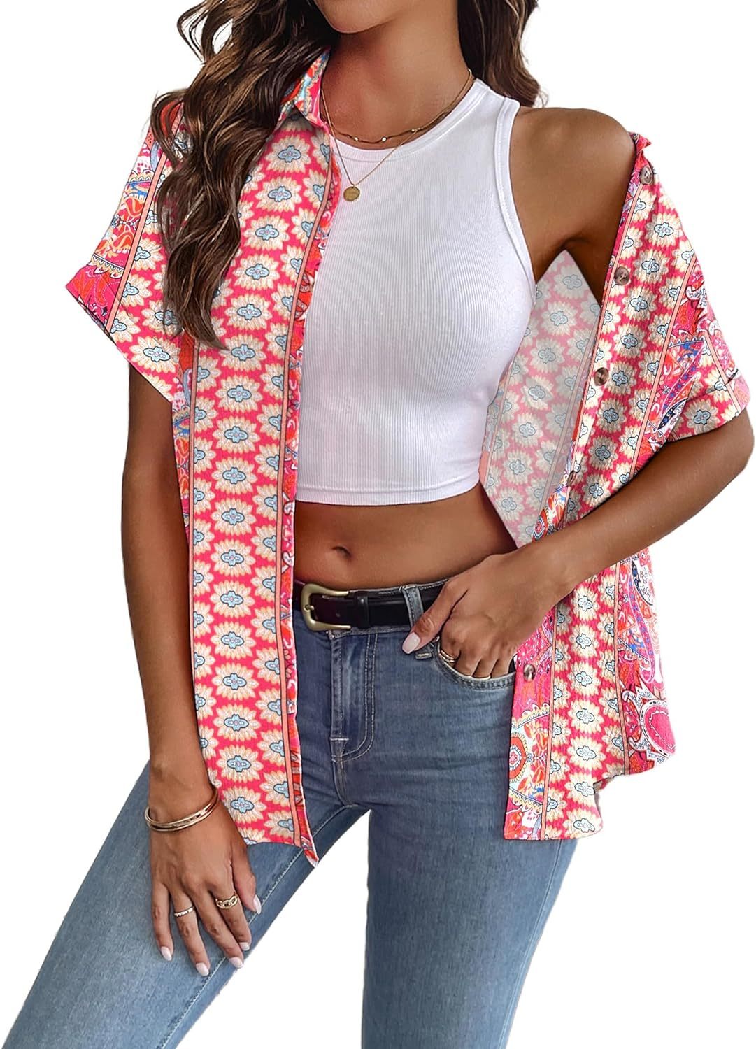 Zeagoo Short Sleeve Casual Roll-Up Cuffed Tops-tidenox