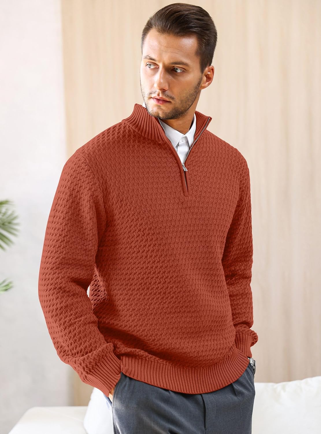 Men's Quarter Zip Sweater Mock Neck Pullover Ribbed Knit Casual Polo Sweaters-tidenox