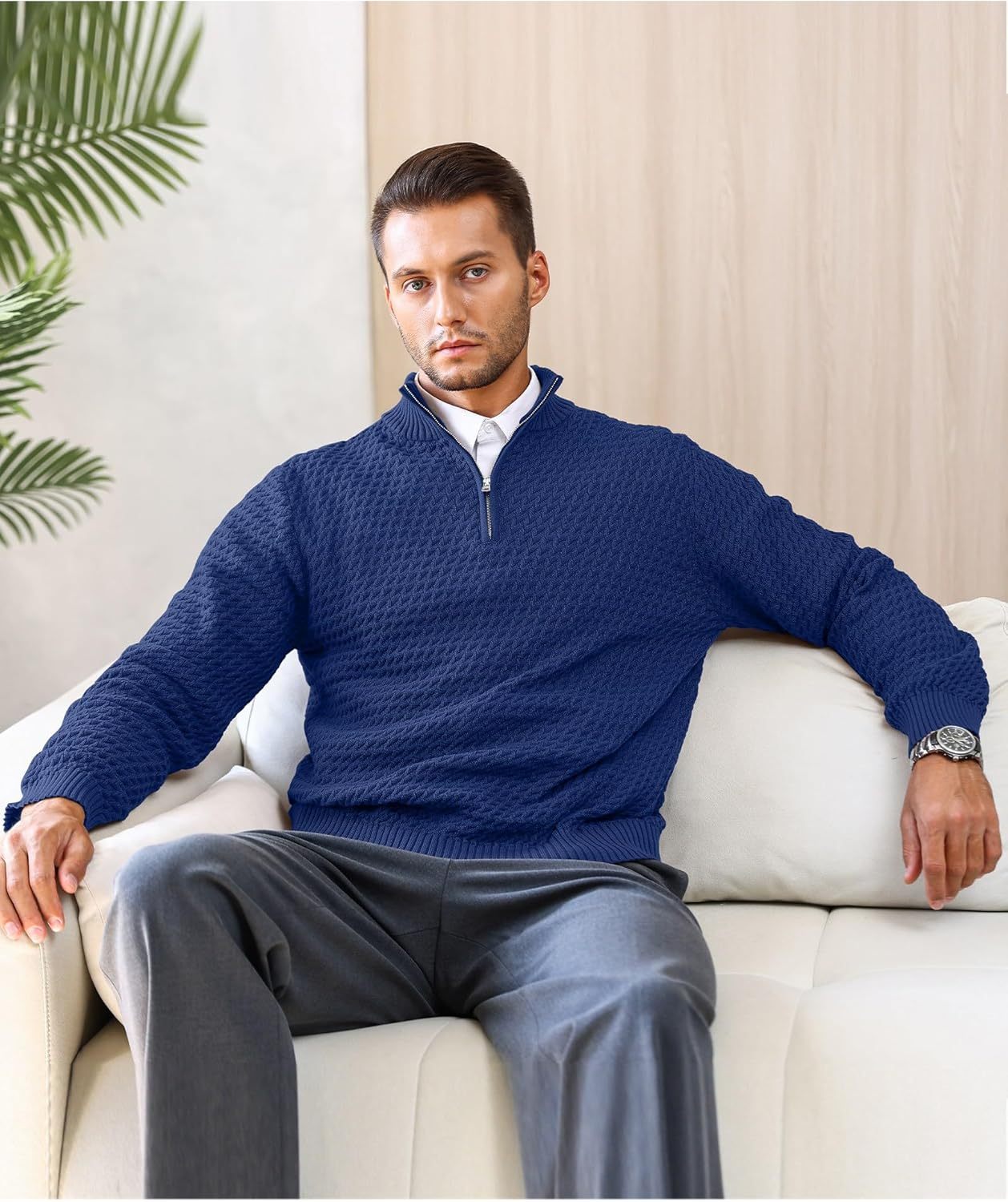 Men's Quarter Zip Sweater Mock Neck Pullover Ribbed Knit Casual Polo Sweaters-tidenox