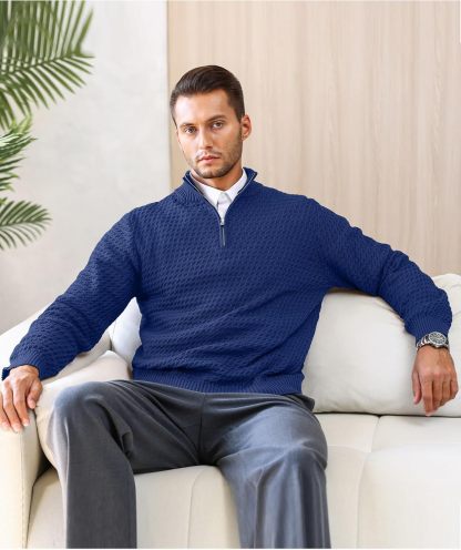Men's Quarter Zip Sweater Mock Neck Pullover Ribbed Knit Casual Polo Sweaters-tidenox