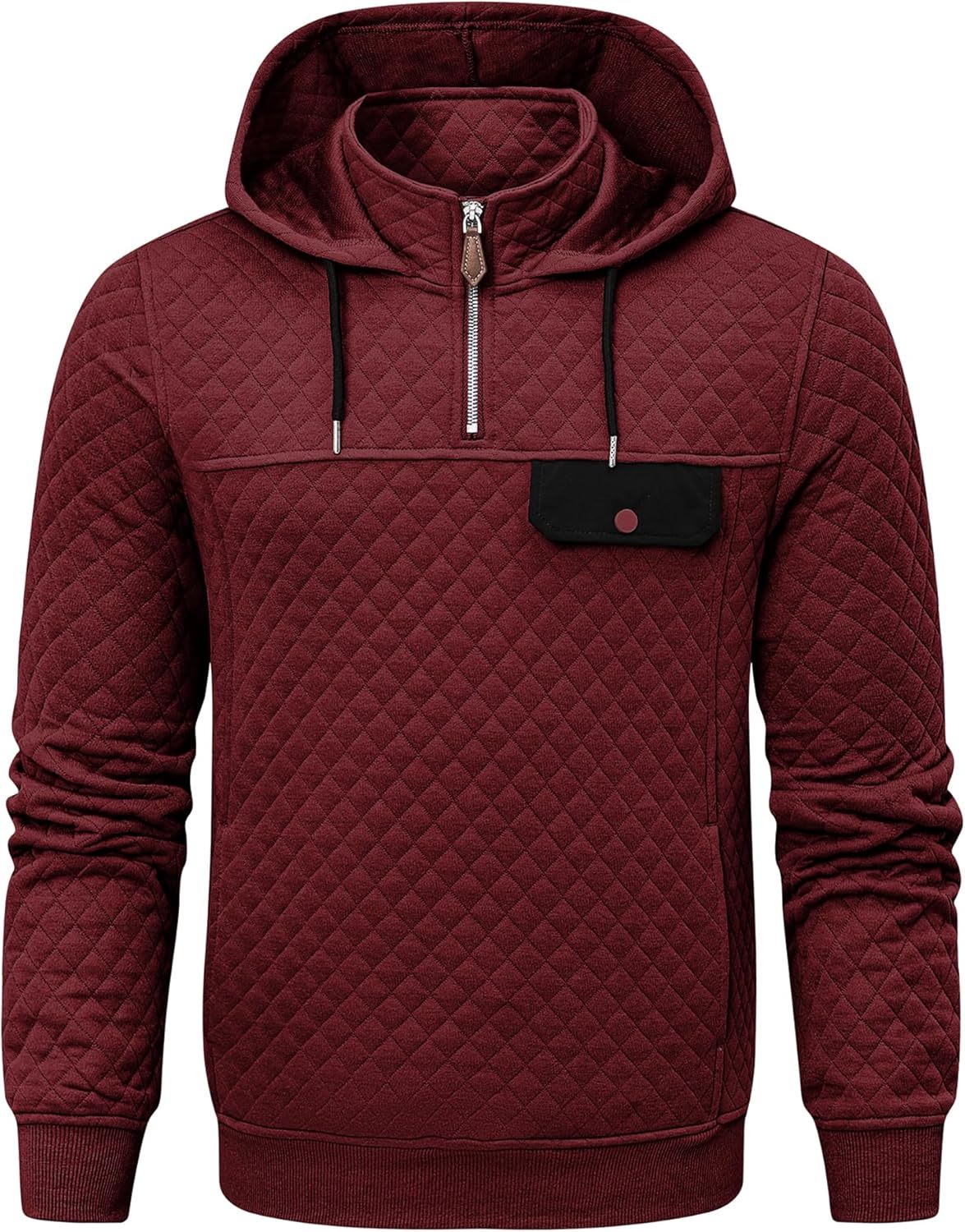 Men's Quilted Hoodies Casual Long Sleeve Quarter-Zip Pullover Sweatshirt with Pockets-tidenox