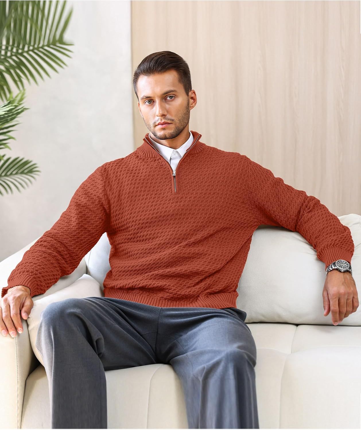 Men's Quarter Zip Sweater Mock Neck Pullover Ribbed Knit Casual Polo Sweaters-tidenox