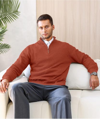 Men's Quarter Zip Sweater Mock Neck Pullover Ribbed Knit Casual Polo Sweaters-tidenox