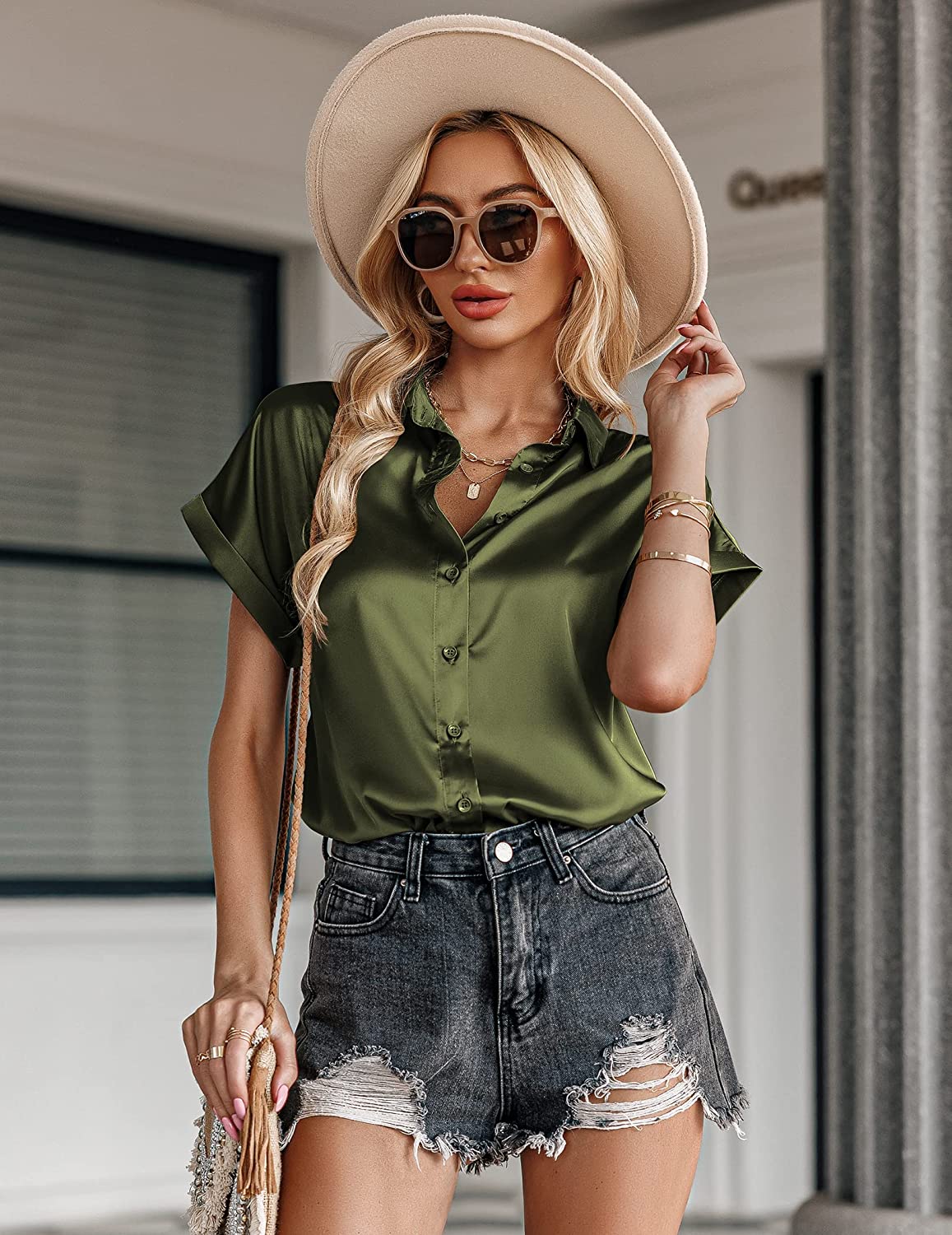 Silk Blouse for Women Short Sleeve Satin Button Down Shirts Casual Loose V-Neck Business Work Tunic Top - Zeagoo (Us Only)-tidenox