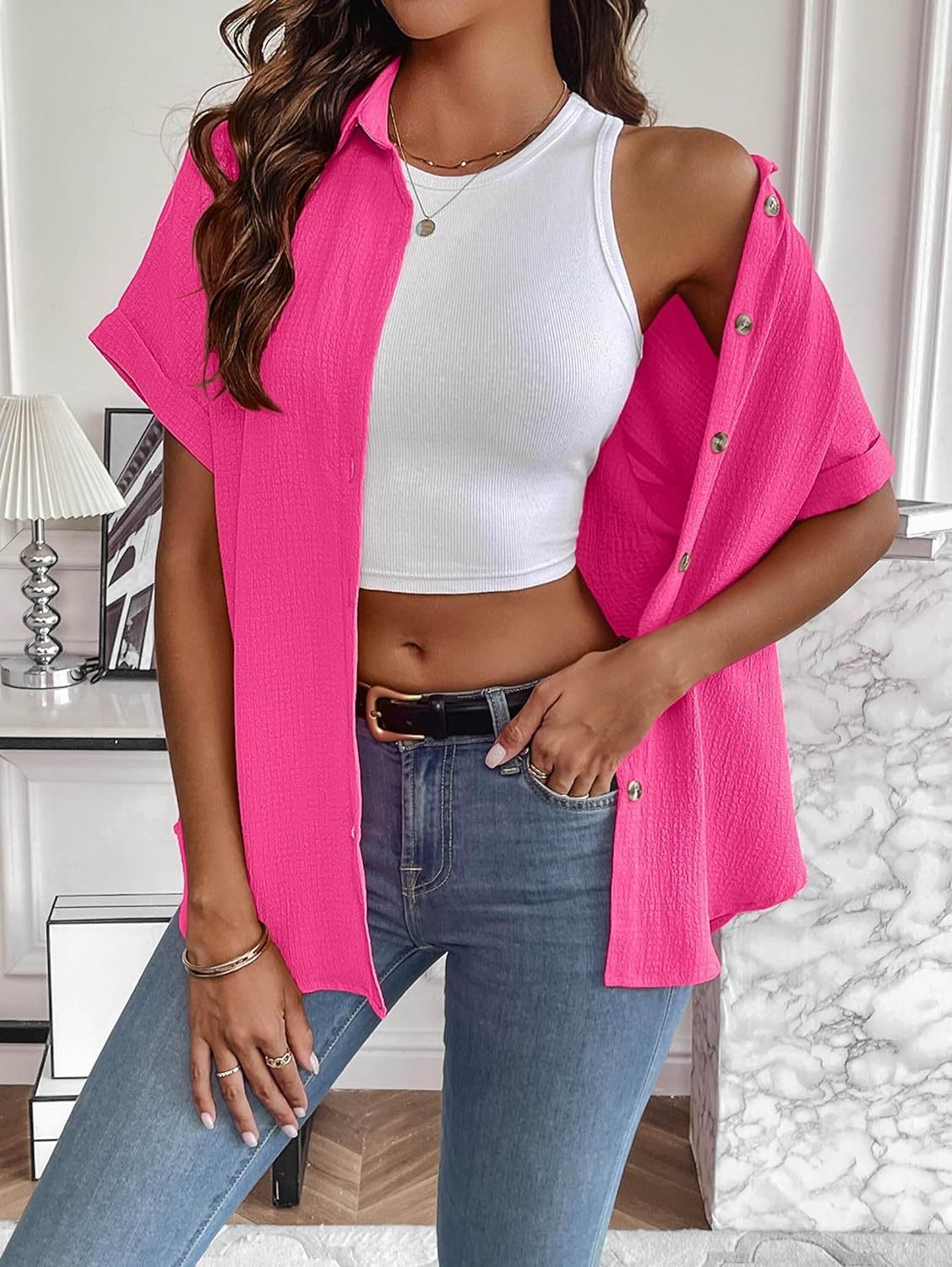 Zeagoo Short Sleeve Casual Roll-Up Cuffed Tops-tidenox