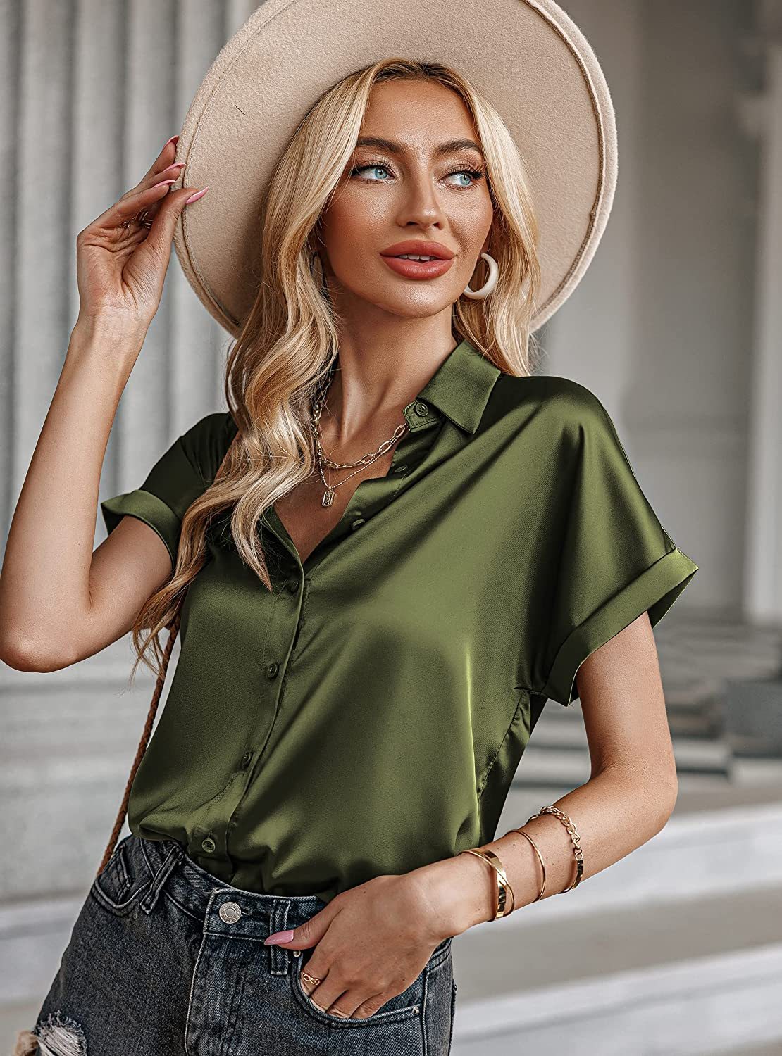 Silk Blouse for Women Short Sleeve Satin Button Down Shirts Casual Loose V-Neck Business Work Tunic Top - Zeagoo (Us Only)-tidenox