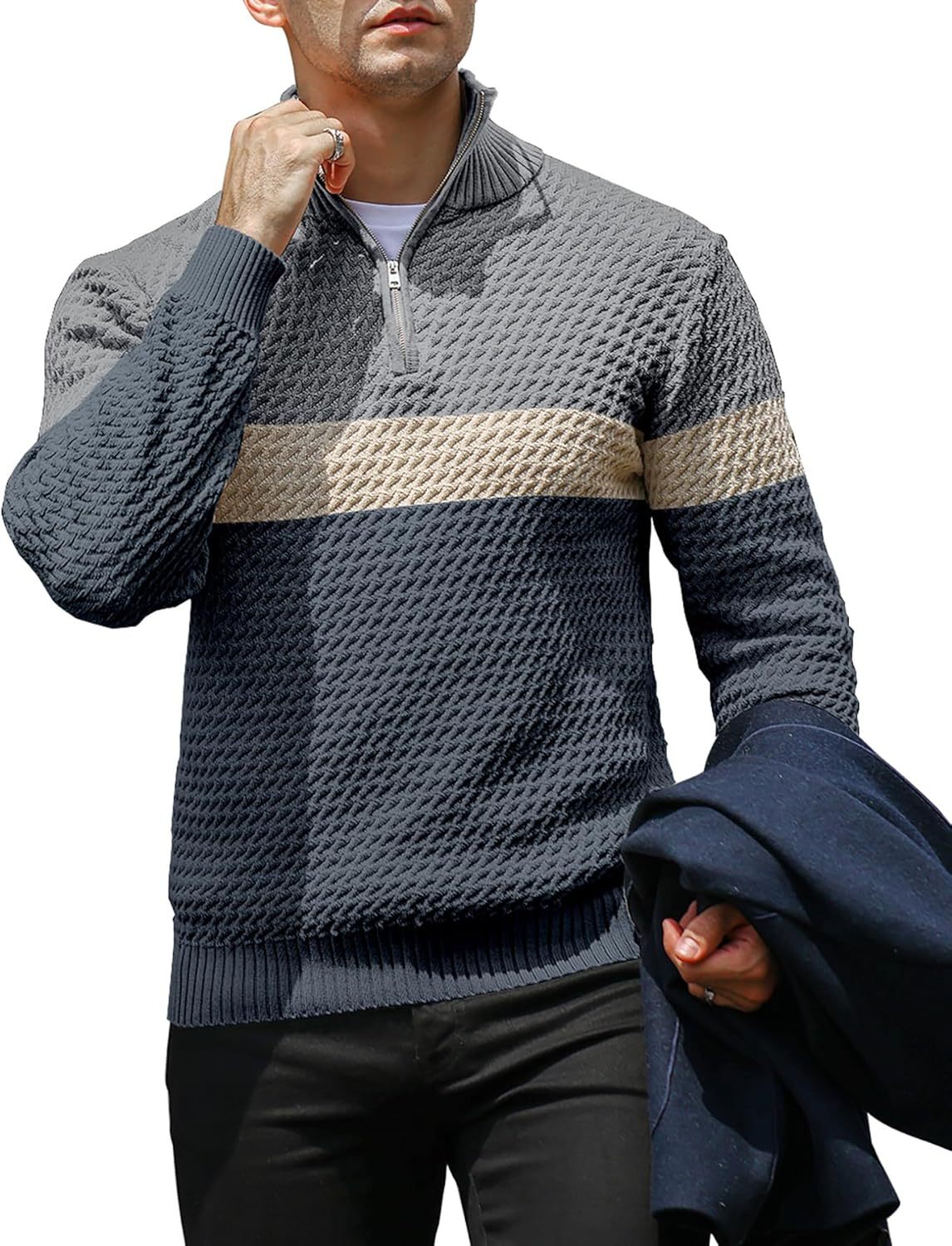 Men's Quarter Zip Sweater Mock Neck Pullover Ribbed Knit Casual Polo Sweaters-tidenox