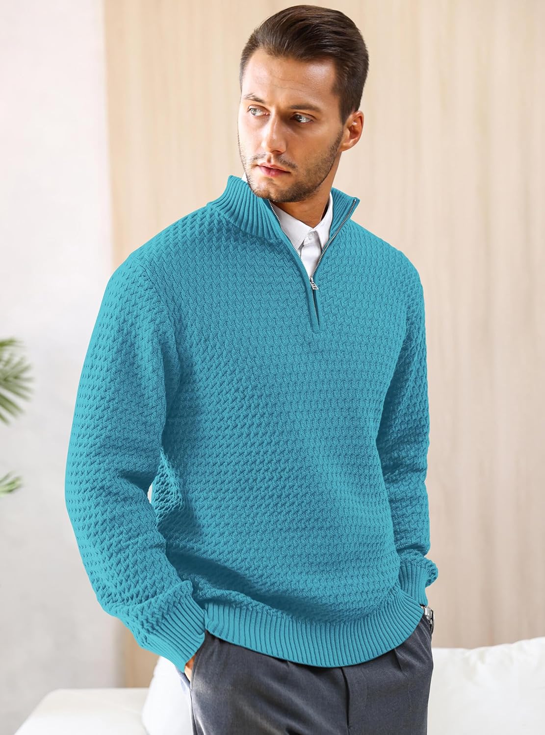 Men's Quarter Zip Sweater Mock Neck Pullover Ribbed Knit Casual Polo Sweaters-tidenox