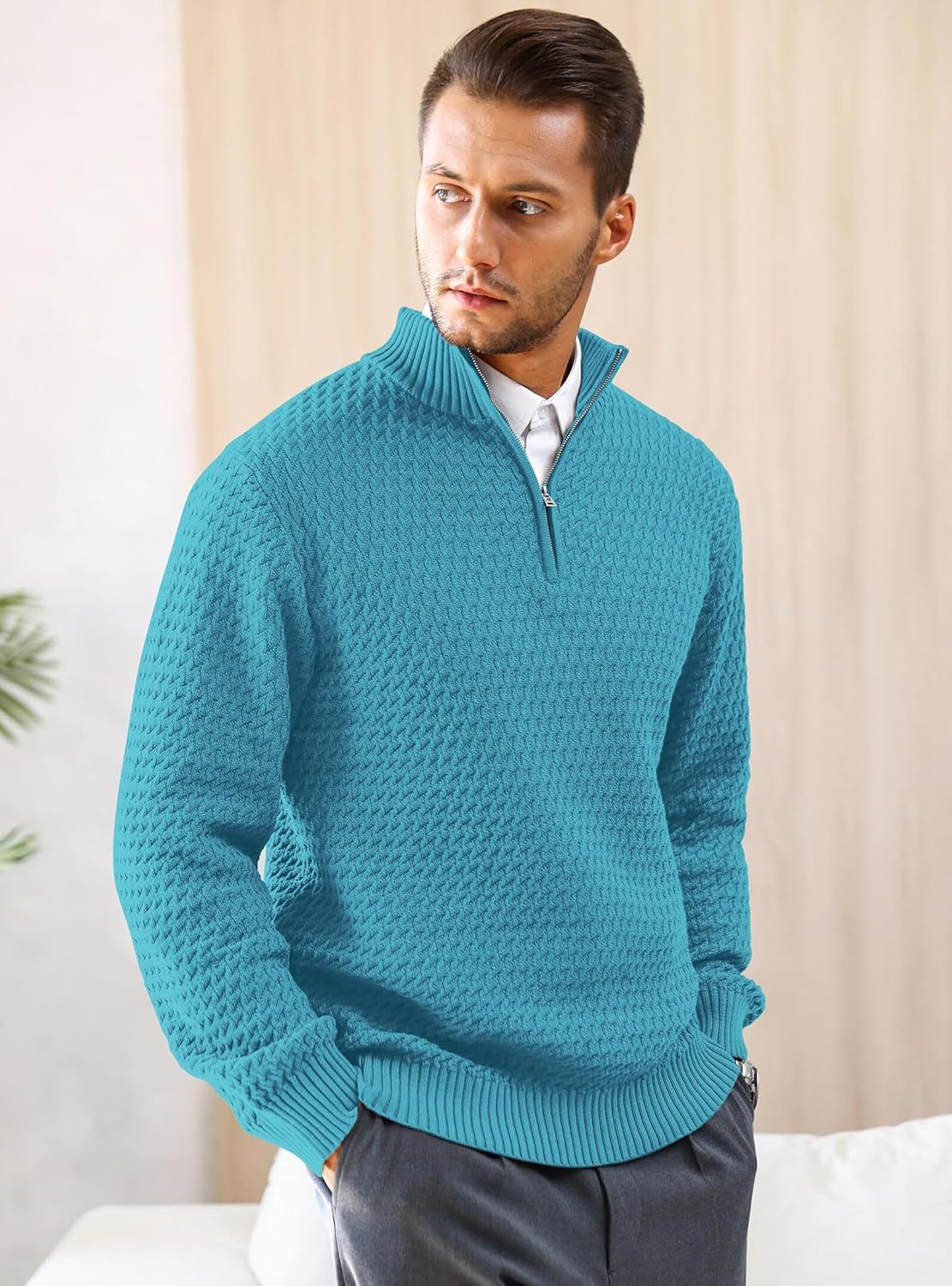 Men's Quarter Zip Sweater Mock Neck Pullover Ribbed Knit Casual Polo Sweaters-tidenox