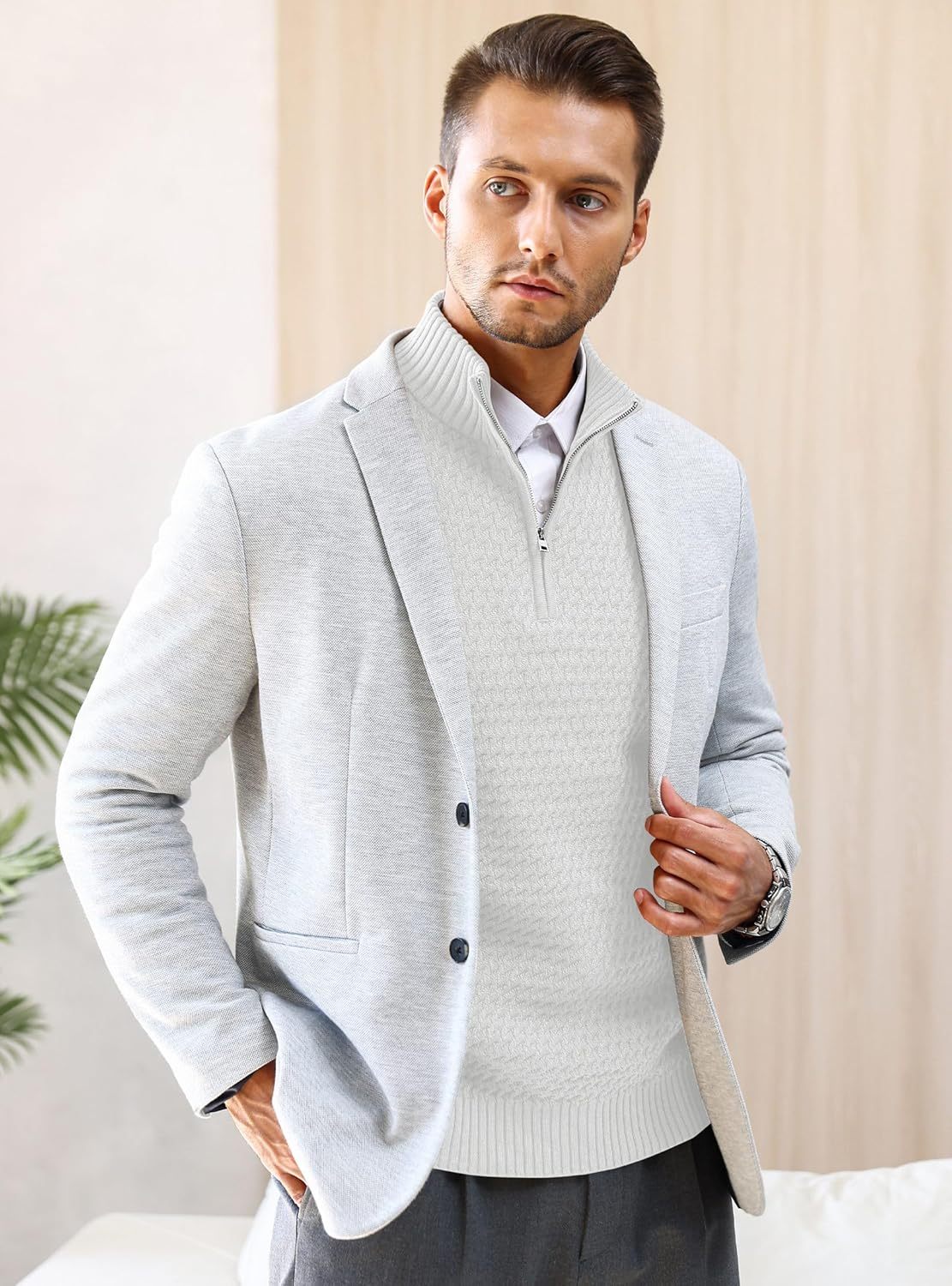 Men's Quarter Zip Sweater Mock Neck Pullover Ribbed Knit Casual Polo Sweaters-tidenox