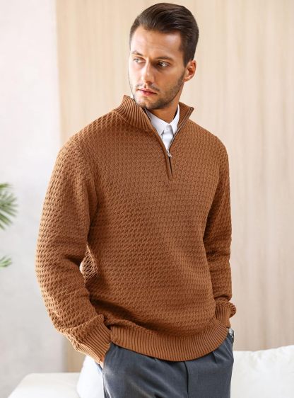Men's Quarter Zip Sweater Mock Neck Pullover Ribbed Knit Casual Polo Sweaters-tidenox