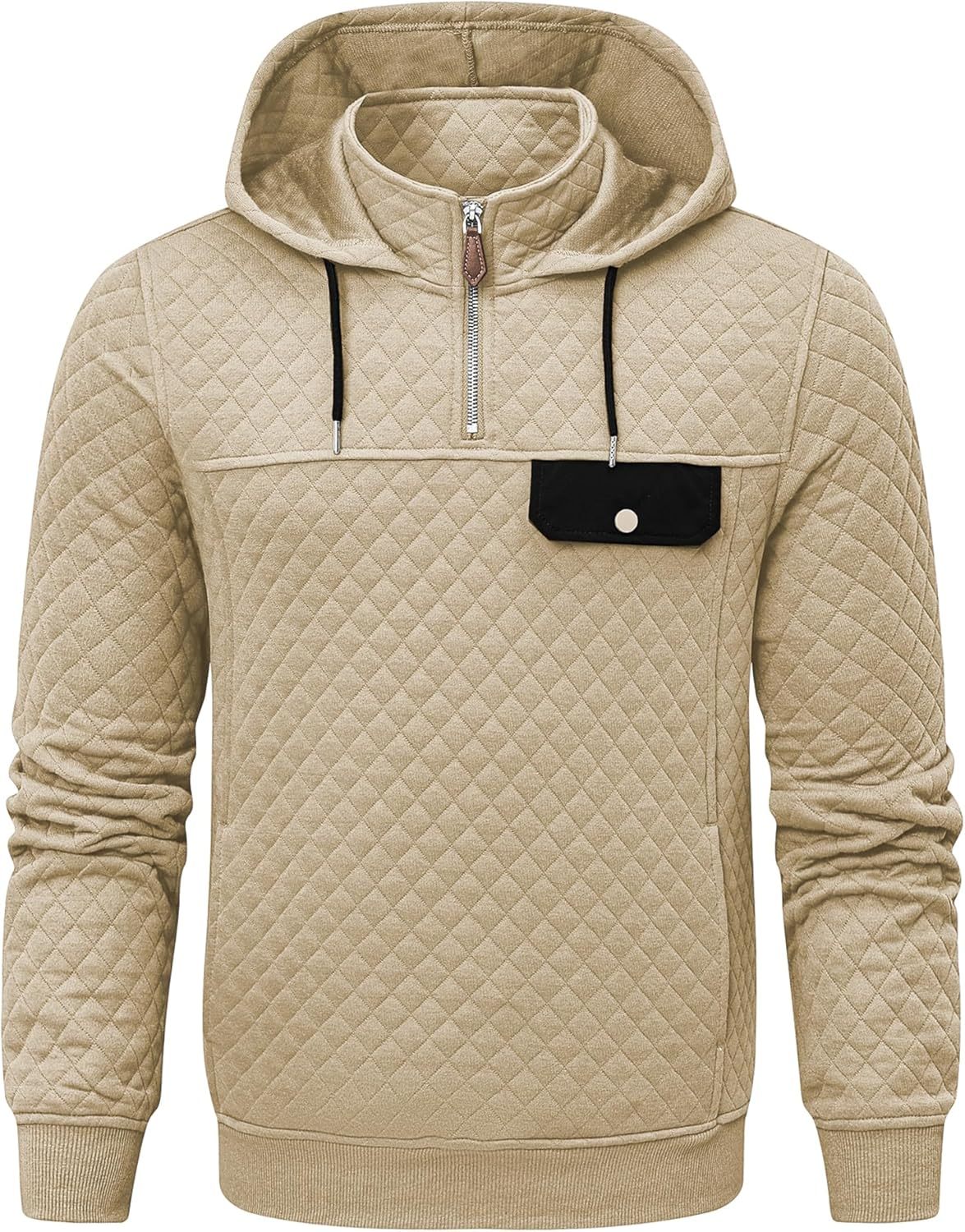 Men's Quilted Hoodies Casual Long Sleeve Quarter-Zip Pullover Sweatshirt with Pockets-tidenox