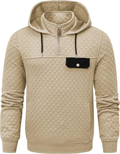 Men's Quilted Hoodies Casual Long Sleeve Quarter-Zip Pullover Sweatshirt with Pockets-tidenox
