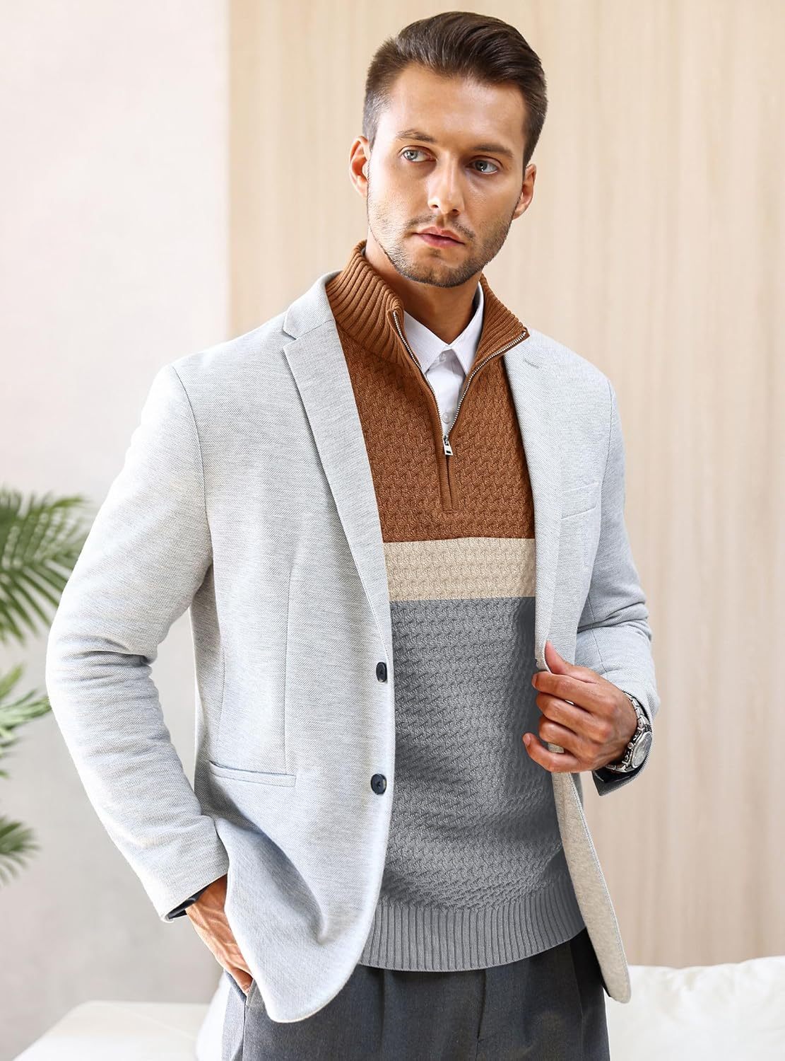 Men's Quarter Zip Sweater Mock Neck Pullover Ribbed Knit Casual Polo Sweaters-tidenox