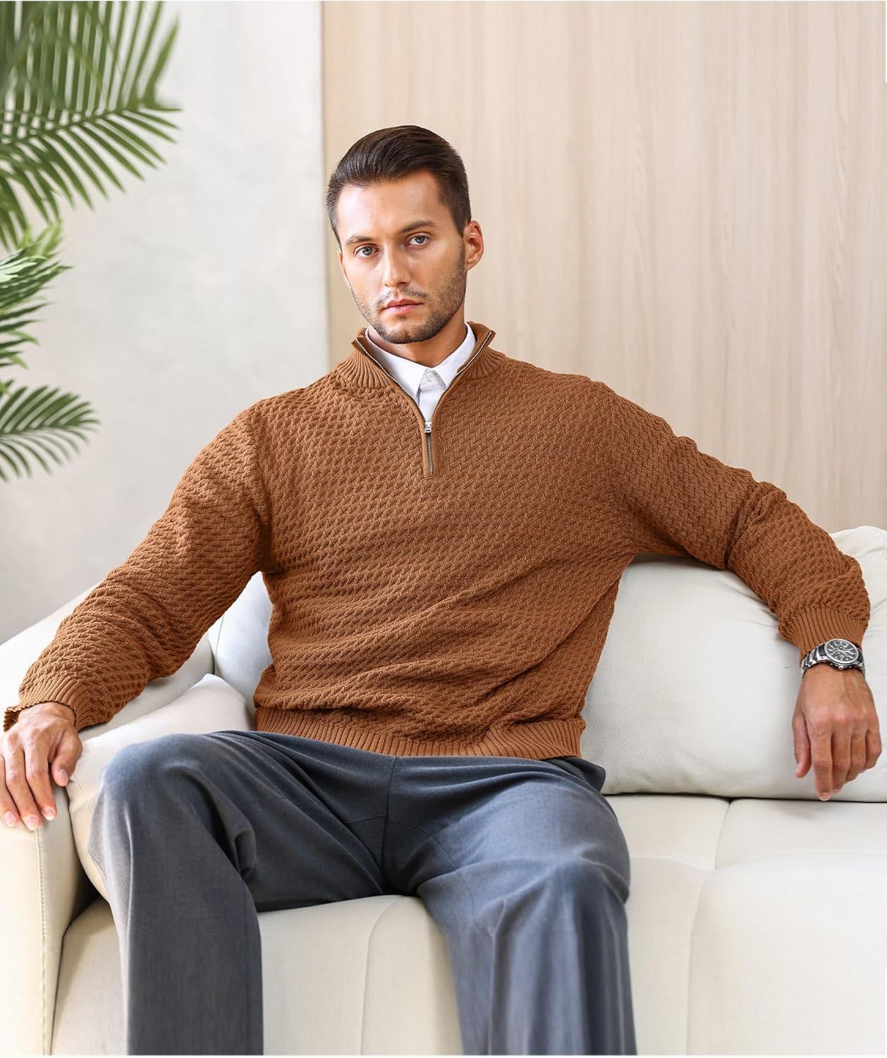 Men's Quarter Zip Sweater Mock Neck Pullover Ribbed Knit Casual Polo Sweaters-tidenox
