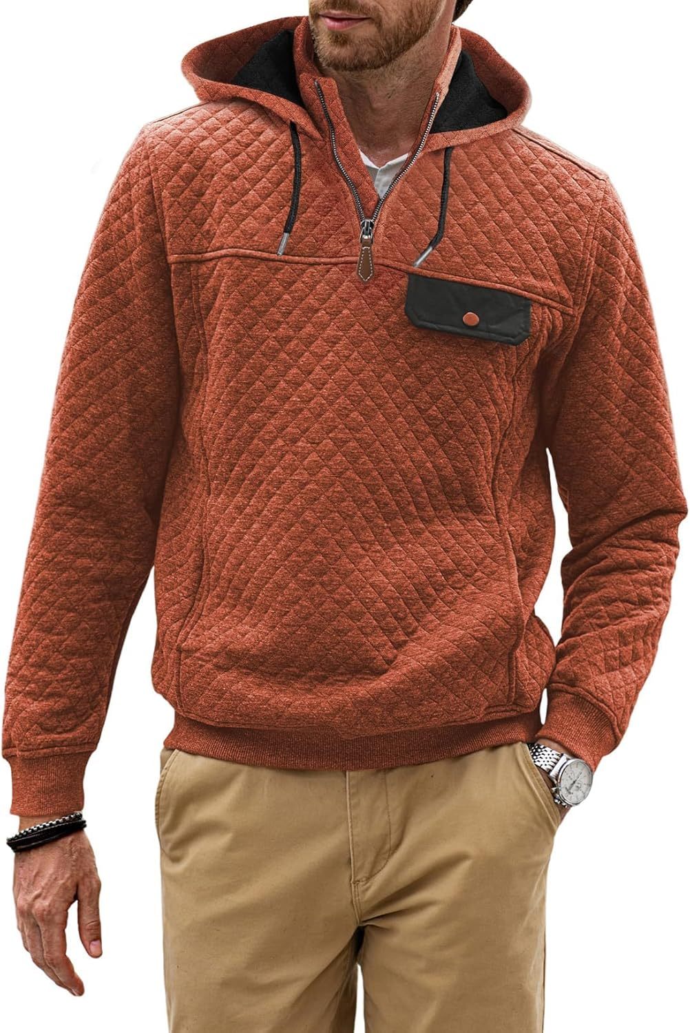Men's Quilted Hoodies Casual Long Sleeve Quarter-Zip Pullover Sweatshirt with Pockets-tidenox