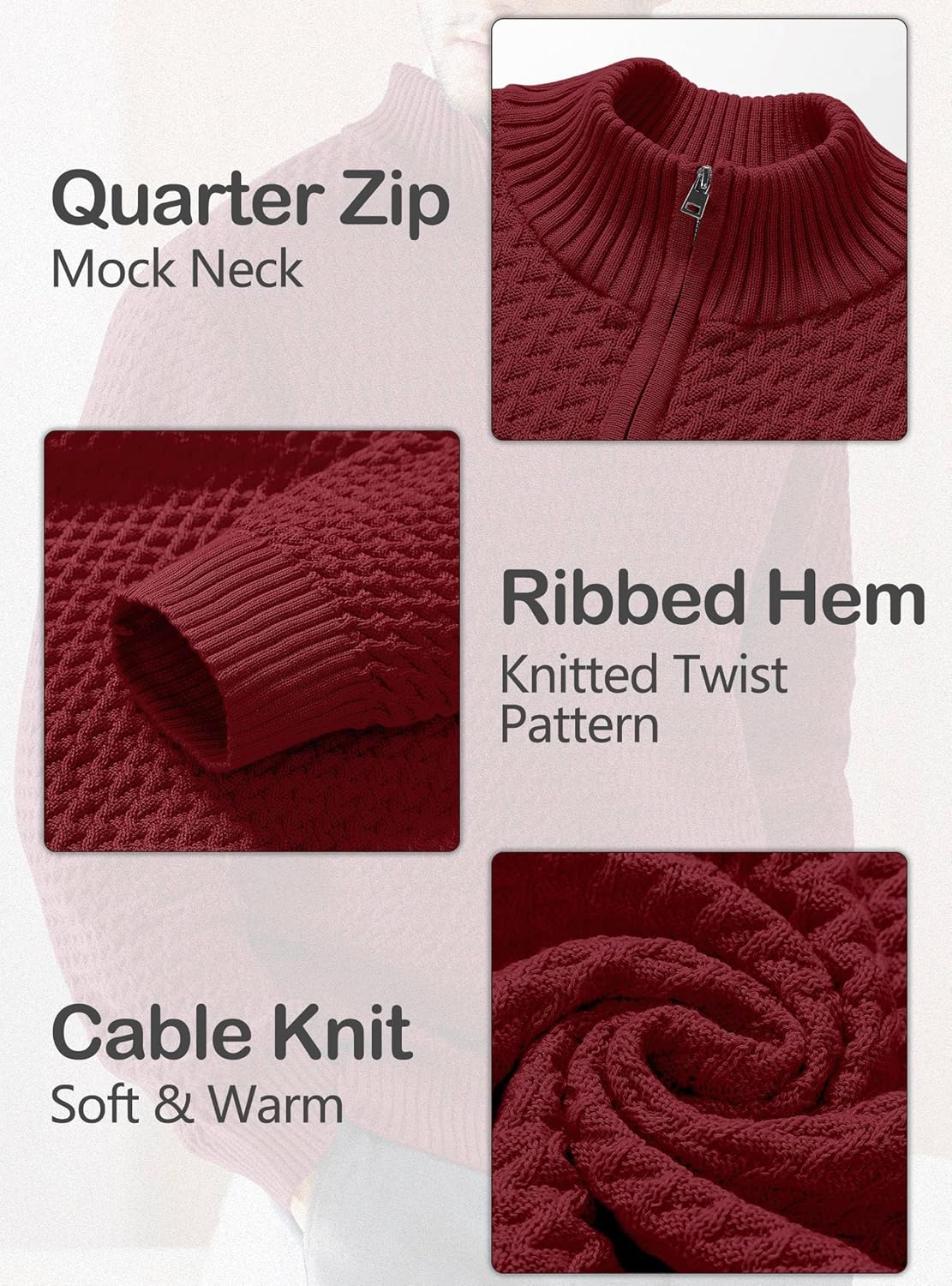 Men's Quarter Zip Sweater Mock Neck Pullover Ribbed Knit Casual Polo Sweaters-tidenox