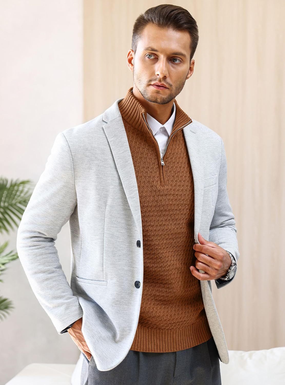 Men's Quarter Zip Sweater Mock Neck Pullover Ribbed Knit Casual Polo Sweaters-tidenox