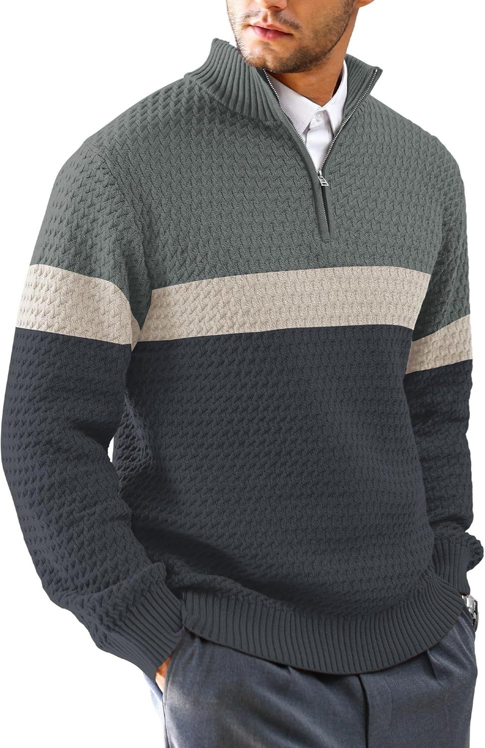 Men's Quarter Zip Sweater Mock Neck Pullover Ribbed Knit Casual Polo Sweaters-tidenox
