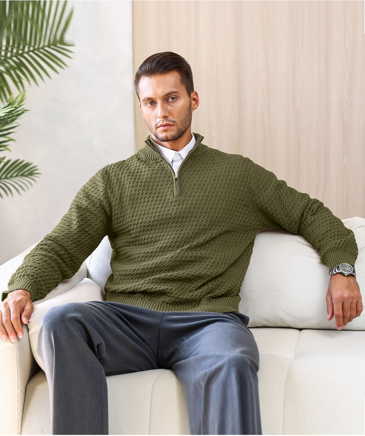 Men's Quarter Zip Sweater Mock Neck Pullover Ribbed Knit Casual Polo Sweaters-tidenox