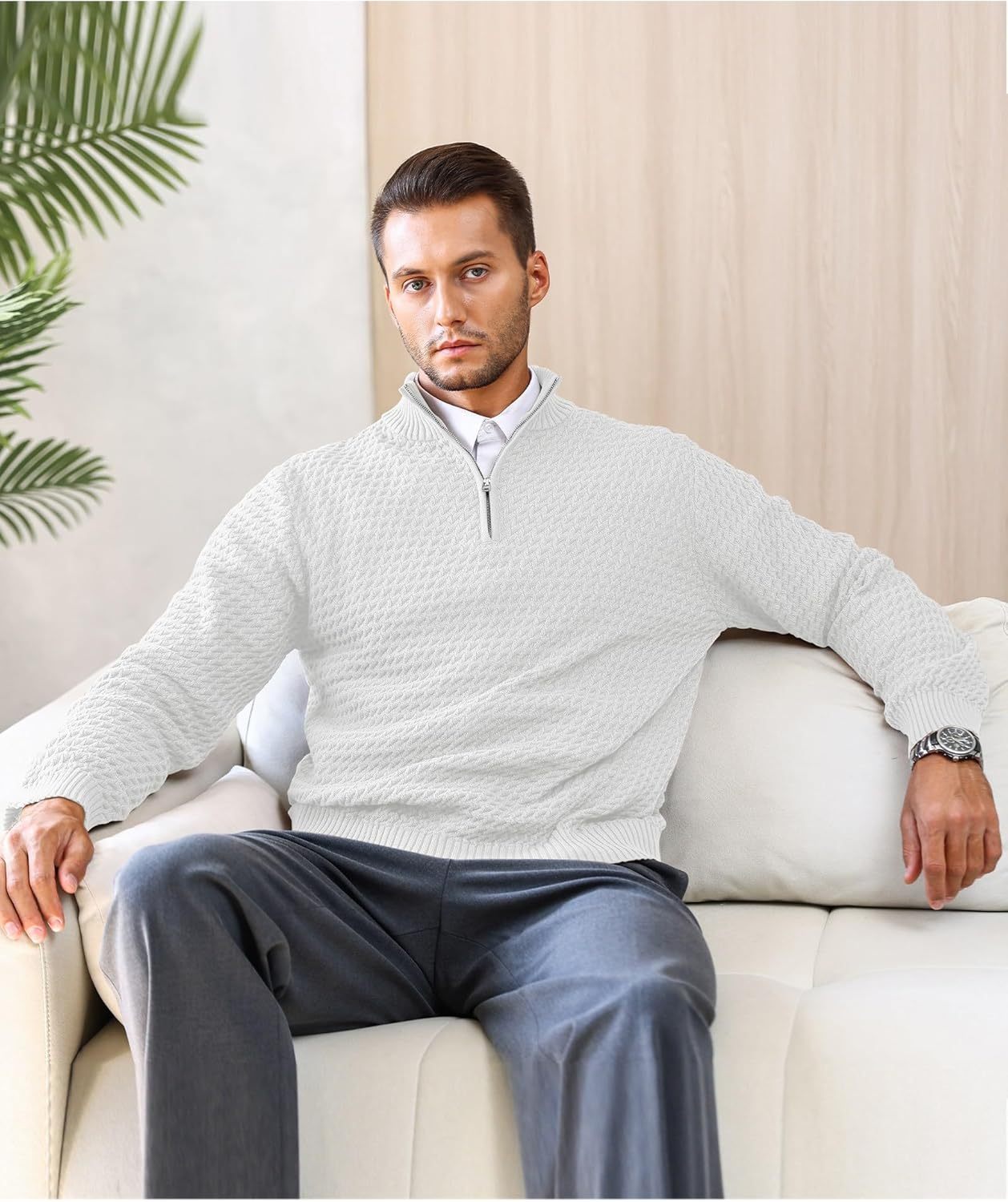 Men's Quarter Zip Sweater Mock Neck Pullover Ribbed Knit Casual Polo Sweaters-tidenox