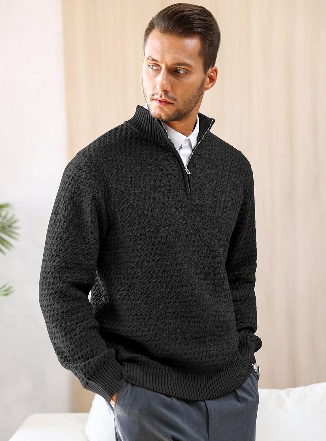 Men's Quarter Zip Sweater Mock Neck Pullover Ribbed Knit Casual Polo Sweaters-tidenox