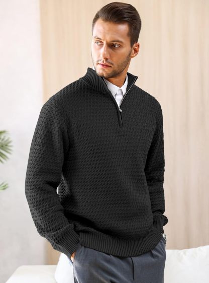 Men's Quarter Zip Sweater Mock Neck Pullover Ribbed Knit Casual Polo Sweaters-tidenox