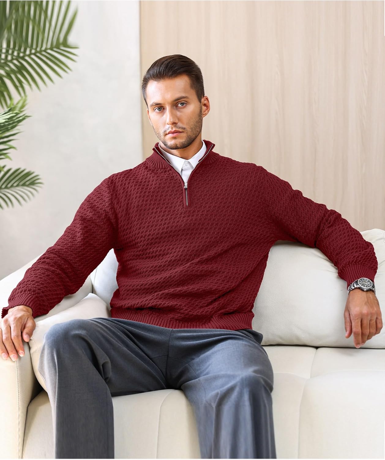 Men's Quarter Zip Sweater Mock Neck Pullover Ribbed Knit Casual Polo Sweaters-tidenox