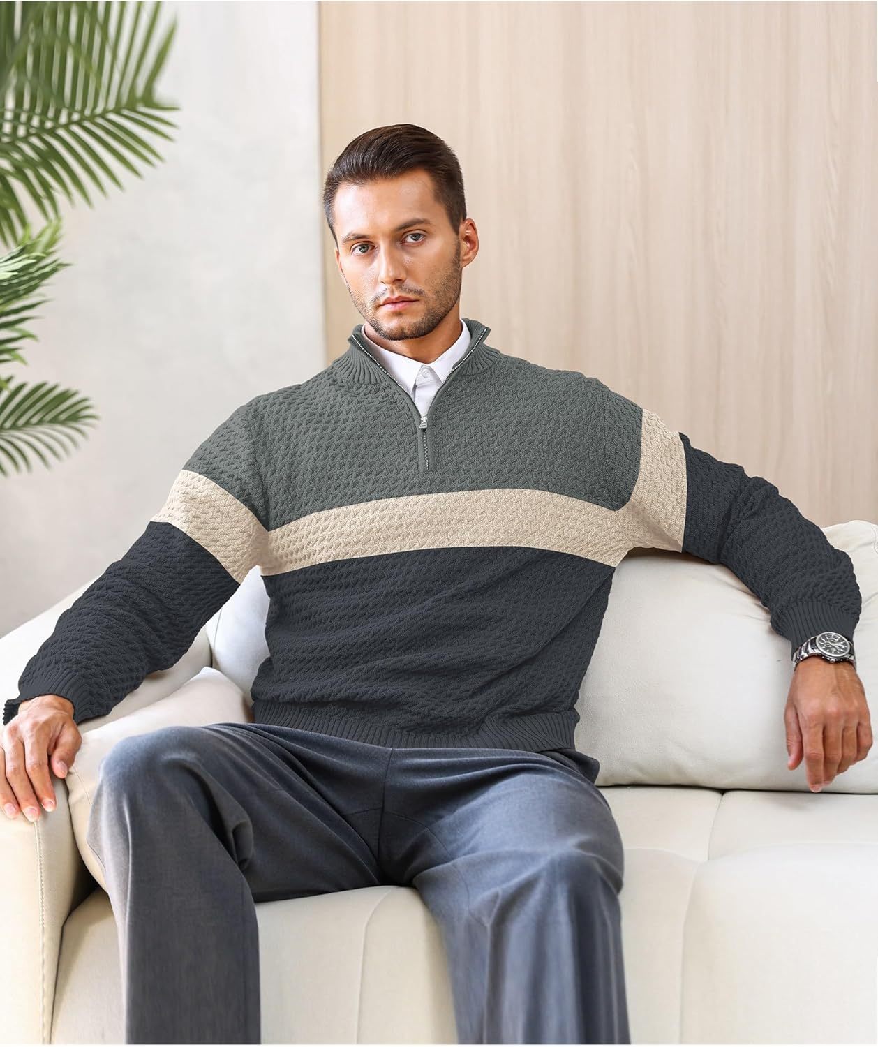 Men's Quarter Zip Sweater Mock Neck Pullover Ribbed Knit Casual Polo Sweaters-tidenox