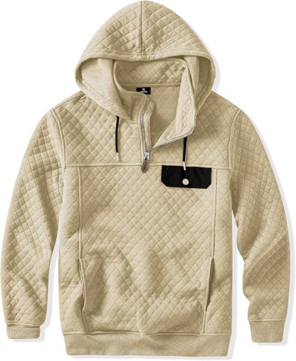Men's Quilted Hoodies Casual Long Sleeve Quarter-Zip Pullover Sweatshirt with Pockets-tidenox